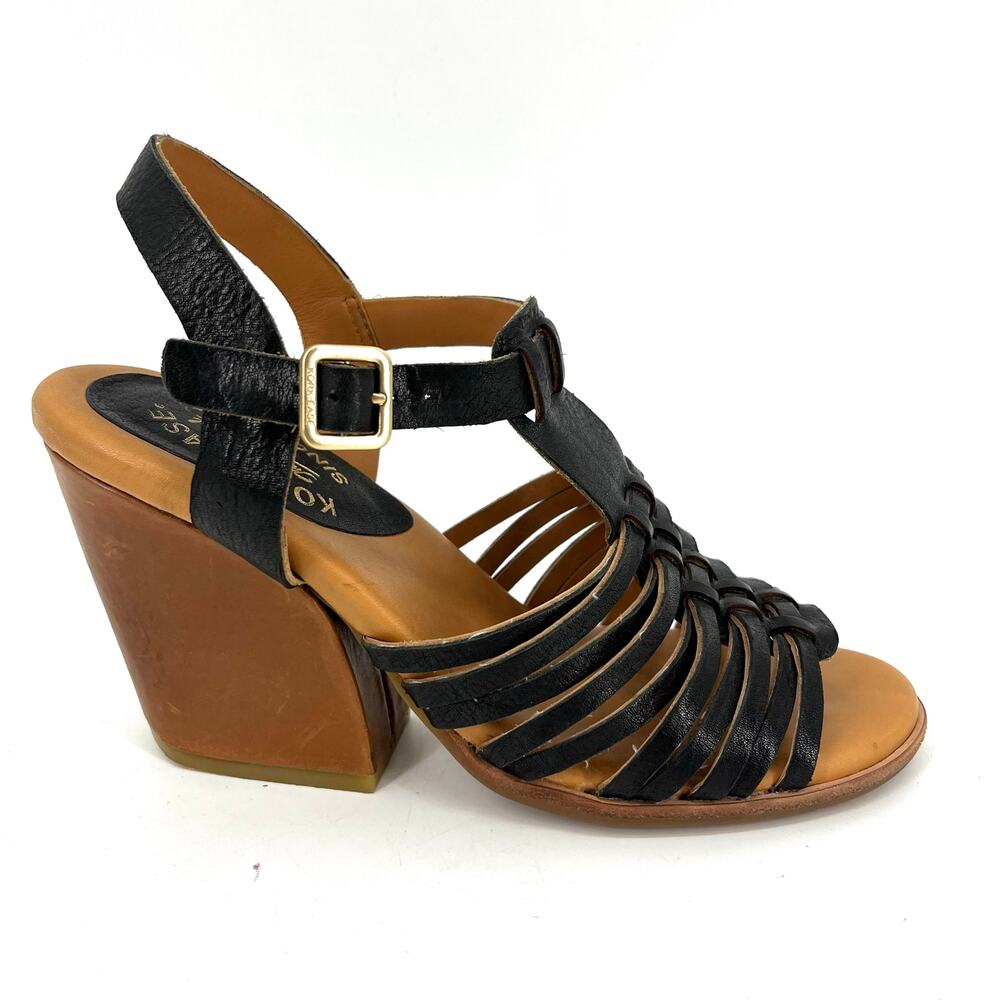 ​Kork-Ease Black Leather Strappy Slingback Sandals Buckle Block Heel‎ EU38/US7​